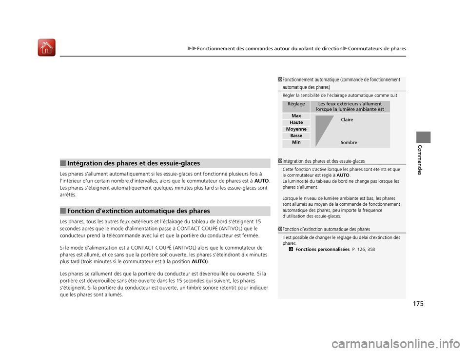 Acura MDX 2018 Manuel du propriétaire (in French) 175
uuFonctionnement des commandes autour du volant de direction uCommutateurs de phares
Commandes
Les phares s’allument automati quement si les essuie-glaces ont fonctionné plusieurs fois à
l’ Acura MDX 2018 Manuel du propriétaire (in French) 175
uuFonctionnement des commandes autour du volant de direction uCommutateurs de phares
Commandes
Les phares s’allument automati quement si les essuie-glaces ont fonctionné plusieurs fois à
l’
