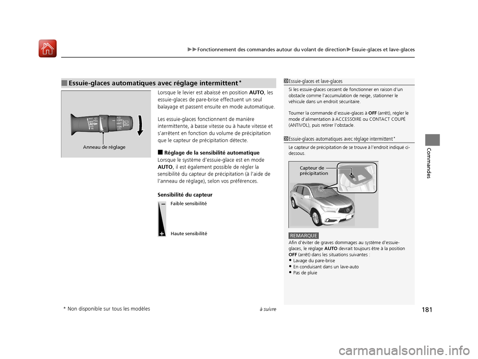 Acura MDX 2018 Manuel du propriétaire (in French) à suivre181
uuFonctionnement des commandes autour du volant de direction uEssuie-glaces et lave-glaces
Commandes
Lorsque le levier est abaissé en position AUTO , les
essuie-glaces de pare-bri se ef Acura MDX 2018 Manuel du propriétaire (in French) à suivre181
uuFonctionnement des commandes autour du volant de direction uEssuie-glaces et lave-glaces
Commandes
Lorsque le levier est abaissé en position AUTO , les
essuie-glaces de pare-bri se ef