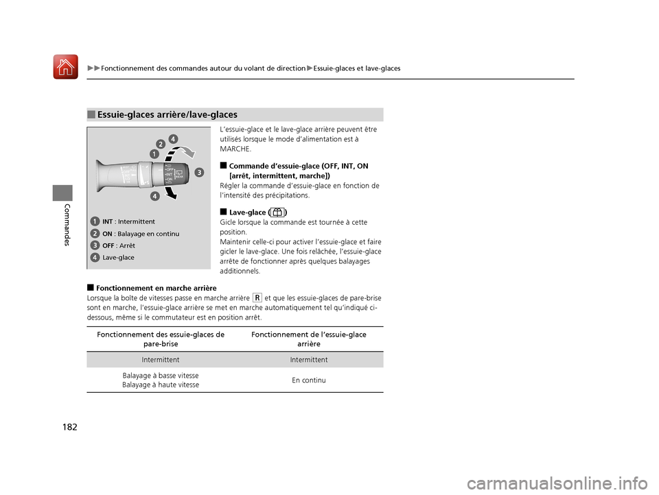 Acura MDX 2018 Manuel du propriétaire (in French) 182
uuFonctionnement des commandes autour du volant de direction uEssuie-glaces et lave-glaces
Commandes
L’essuie-glace et le lave-glace arrière peuvent être
utilisés lorsque le mode d’aliment Acura MDX 2018 Manuel du propriétaire (in French) 182
uuFonctionnement des commandes autour du volant de direction uEssuie-glaces et lave-glaces
Commandes
L’essuie-glace et le lave-glace arrière peuvent être
utilisés lorsque le mode d’aliment