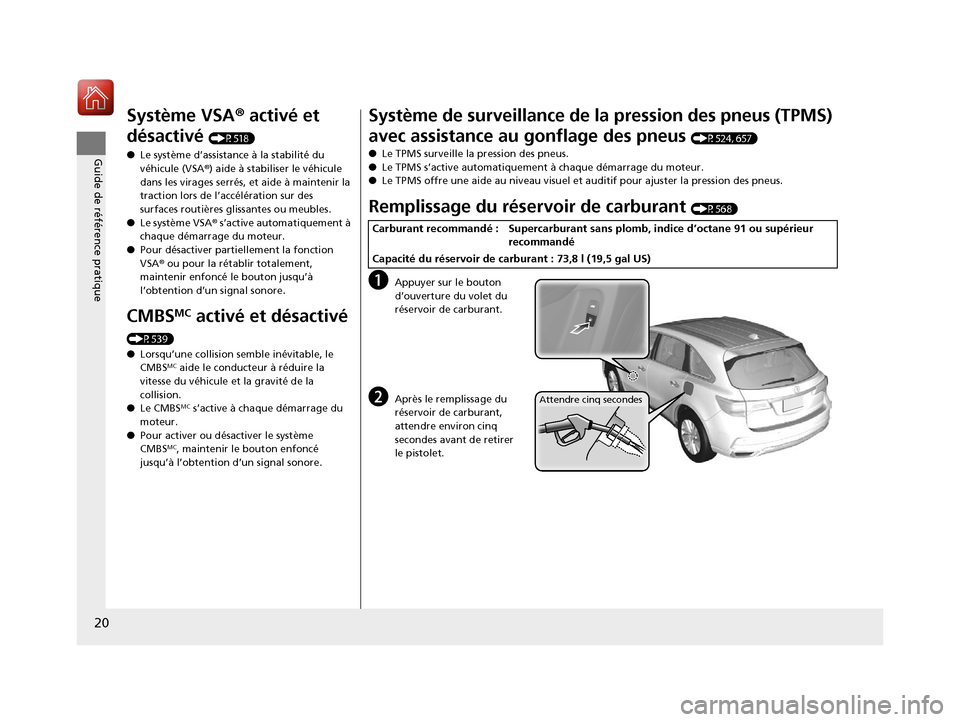 Acura MDX 2018 Manuel du propriétaire (in French) 20
Guide de référence pratique
Système VSA® activé et
désactivé
(P518)
● Le système d’assistance à la stabilité du
véhicule (VSA ®) aide à stabiliser le véhicule
dans les virages Acura MDX 2018 Manuel du propriétaire (in French) 20
Guide de référence pratique
Système VSA® activé et
désactivé
(P518)
● Le système d’assistance à la stabilité du
véhicule (VSA ®) aide à stabiliser le véhicule
dans les virages
