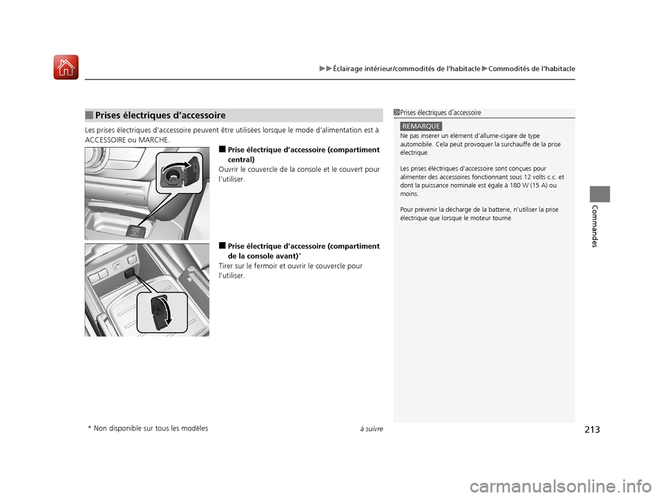Acura MDX 2018 Manuel du propriétaire (in French) à suivre213
uuÉclairage intérieur/commodités de l’habitacle uCommodités de l’habitacle
Commandes
Les prises électriques d’ accessoire peuvent être utilisées lorsque le mode d’alimenta Acura MDX 2018 Manuel du propriétaire (in French) à suivre213
uuÉclairage intérieur/commodités de l’habitacle uCommodités de l’habitacle
Commandes
Les prises électriques d’ accessoire peuvent être utilisées lorsque le mode d’alimenta