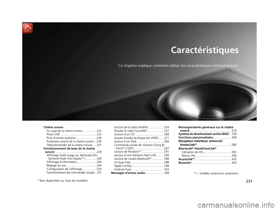 Acura MDX 2018  Manuel du propriétaire (in French) 231
Caractéristiques
Ce chapitre explique comment utiliser les caractéristiques technologiques.
Chaîne sonore
Au sujet de la chaîne sonore ................ 232
Prises USB .........................