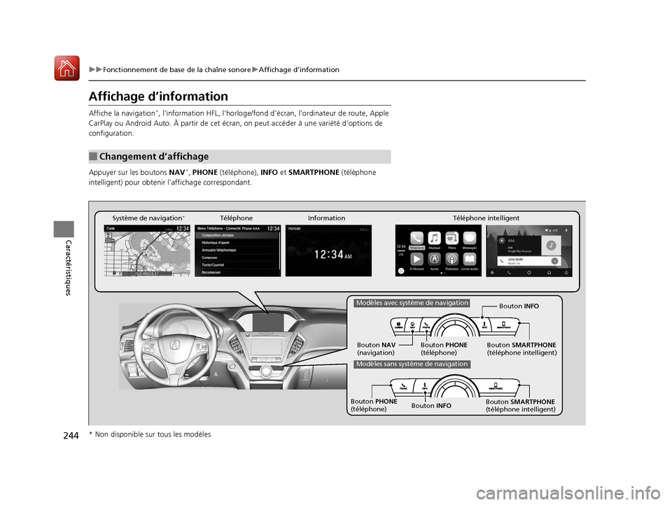 Acura MDX 2018  Manuel du propriétaire (in French) 244
uuFonctionnement de base de la chaîne sonore uAffichage d’information
Caractéristiques
Affichage d’information
Affiche la navigation*, l’information HFL, l’horloge/fond d’éc ran, l’