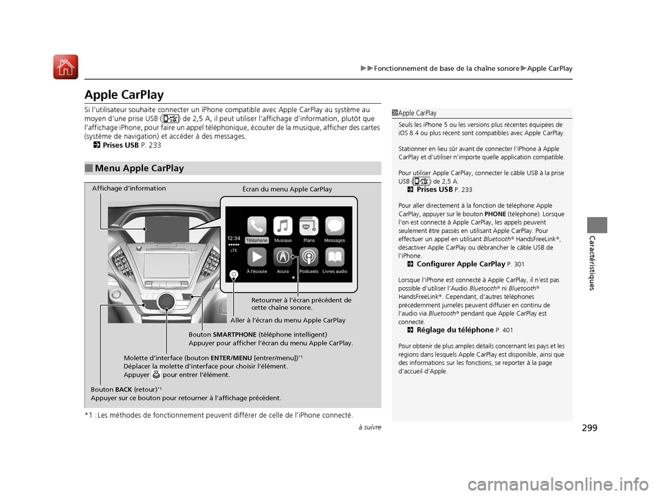 Acura MDX 2018  Manuel du propriétaire (in French) 299
uuFonctionnement de base de la chaîne sonore uApple CarPlay
à suivre
Caractéristiques
Apple CarPlay
Si l’utilisateur souhait e connecter un iPhone compatible av ec Apple CarPlay au système a