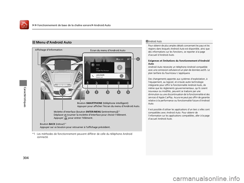 Acura MDX 2018 Manuel du propriétaire (in French) uuFonctionnement de base de la chaîne sonore uAndroid Auto
304
Caractéristiques
*1 : Les méthodes de fonctionnement peuvent différer de celle du téléphone Android
connecté.
■Menu d’Androi Acura MDX 2018 Manuel du propriétaire (in French) uuFonctionnement de base de la chaîne sonore uAndroid Auto
304
Caractéristiques
*1 : Les méthodes de fonctionnement peuvent différer de celle du téléphone Android
connecté.
■Menu d’Androi