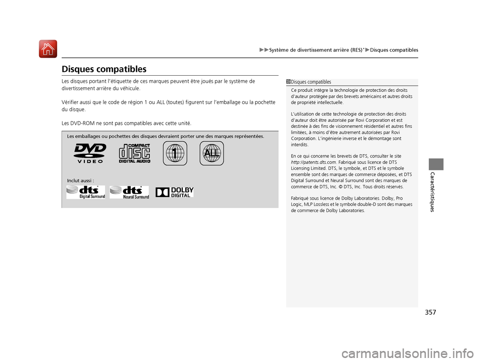 Acura MDX 2018  Manuel du propriétaire (in French) 357
uuSystème de divertissement arrière (RES)*uDisques compatibles
Caractéristiques
Disques compatibles
Les disques portant l’étiquett e de ces marques peuvent être joués par le système de 
d