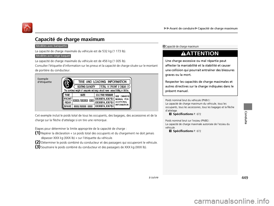 Acura MDX 2018 Manuel du propriétaire (in French) 449
uuAvant de conduire uCapacité de charge maximum
à suivre
Conduite
Capacité de charge maximum
La capacité de charge maximale du véhicule est de 532 kg (1 173 lb).
La capacité de charge maxi Acura MDX 2018 Manuel du propriétaire (in French) 449
uuAvant de conduire uCapacité de charge maximum
à suivre
Conduite
Capacité de charge maximum
La capacité de charge maximale du véhicule est de 532 kg (1 173 lb).
La capacité de charge maxi