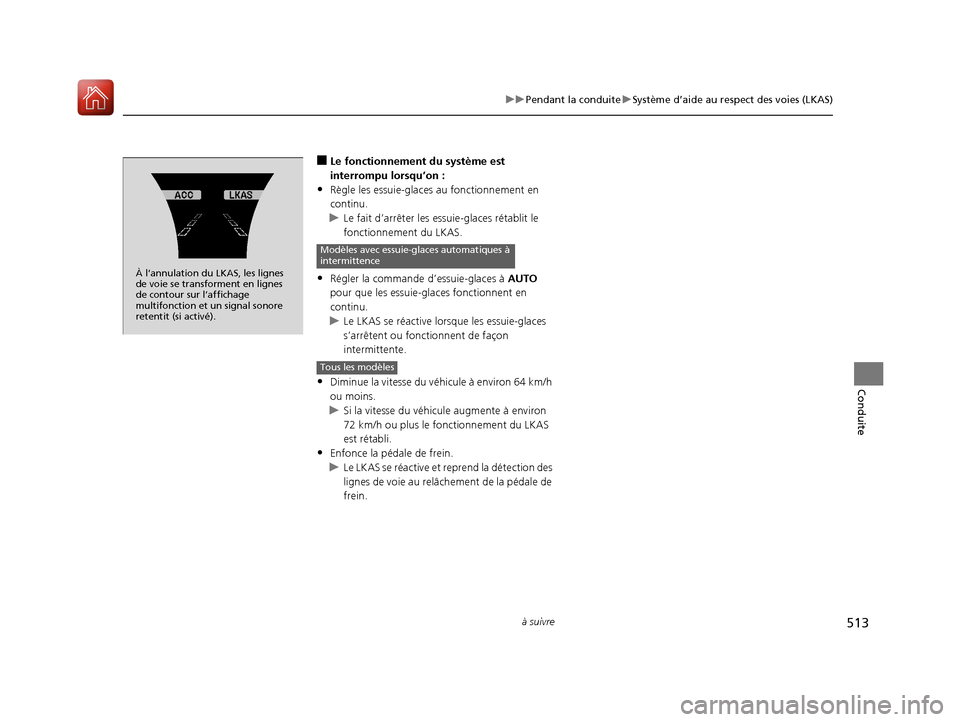 Acura MDX 2018 Manuel du propriétaire (in French) 513
uuPendant la conduite uSystème d’aide au respect des voies (LKAS)
à suivre
Conduite
■Le fonctionnement du système est
interrompu lorsqu’on :
•Règle les essuie-glaces au fonctionnemen Acura MDX 2018 Manuel du propriétaire (in French) 513
uuPendant la conduite uSystème d’aide au respect des voies (LKAS)
à suivre
Conduite
■Le fonctionnement du système est
interrompu lorsqu’on :
•Règle les essuie-glaces au fonctionnemen