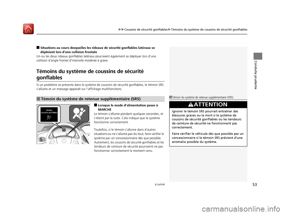 Acura MDX 2018  Manuel du propriétaire (in French) à suivre53
uuCoussins de sécurité gonflables uTémoins du système de coussins de sécurité gonflables
Conduite prudente
■Situations au cours desquelles les rideaux de sécurité gonflables lat