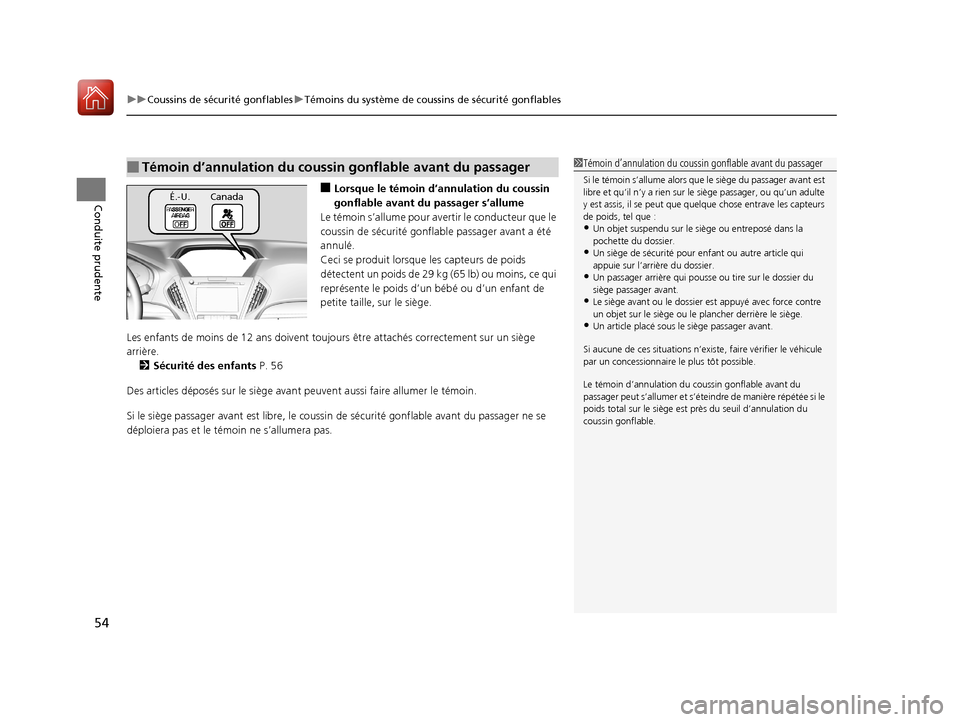 Acura MDX 2018  Manuel du propriétaire (in French) uuCoussins de sécurité gonflables uTémoins du système de coussins de sécurité gonflables
54
Conduite prudente■Lorsque le témoin d’annulation du coussin 
gonflable avant du passager s’allu