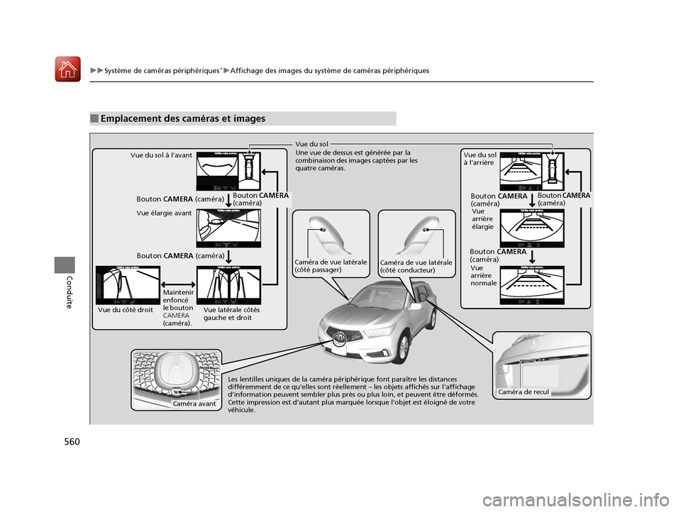 Acura MDX 2018 Manuel du propriétaire (in French) 560
uuSystème de caméras périphériques*uAffichage des images du système de caméras périphériques
Conduite
■Emplacement des caméras et images
Vue du sol
Une vue de dessus est générée par Acura MDX 2018 Manuel du propriétaire (in French) 560
uuSystème de caméras périphériques*uAffichage des images du système de caméras périphériques
Conduite
■Emplacement des caméras et images
Vue du sol
Une vue de dessus est générée par