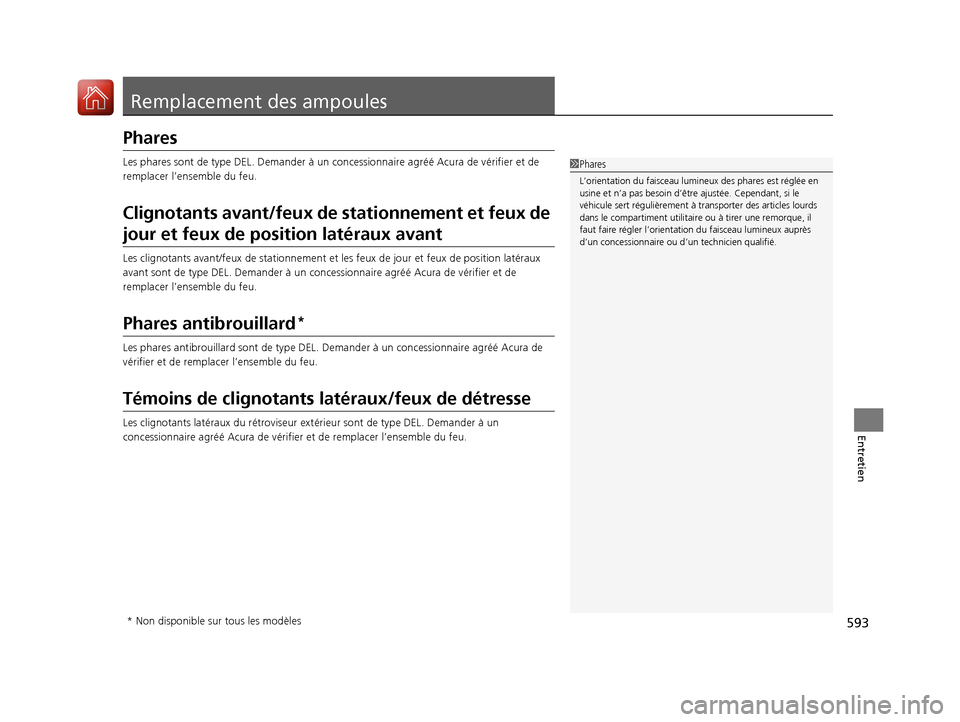 Acura MDX 2018  Manuel du propriétaire (in French) 593
Entretien
Remplacement des ampoules
Phares
Les phares sont de type DEL. Demander à un concessionnaire ag réé Acura de vérifier et de 
remplacer l’ensemble du feu.
Clignotants avant/feux de s