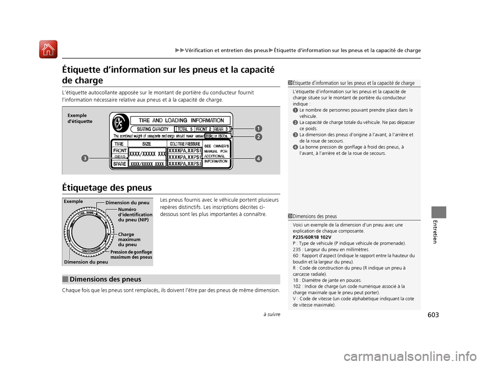 Acura MDX 2018  Manuel du propriétaire (in French) 603
uuVérification et entretien des pneus uÉtiquette d’information sur les pneus et la capacité de charge
à suivre
Entretien
Étiquette d’information sur  les pneus et la capacité 
de charge
