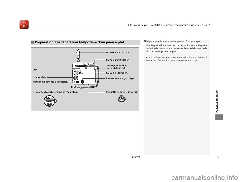 Acura MDX 2018  Manuel du propriétaire (in French) à suivre635
uuEn cas de pneu à plat uRéparation temporaire d’un pneu à plat*
Gérer les imprévus
■Préparation à la réparation temporaire d’un pneu à plat1Préparation à la réparation 
