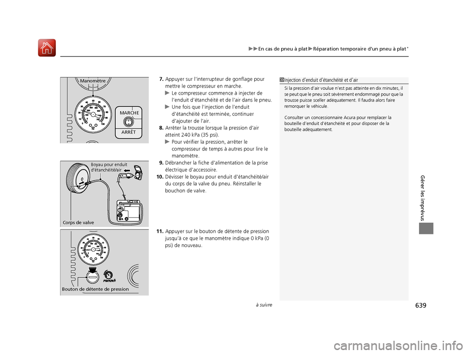 Acura MDX 2018  Manuel du propriétaire (in French) à suivre639
uuEn cas de pneu à plat uRéparation temporaire d’un pneu à plat*
Gérer les imprévus
7. Appuyer sur l’interrupteur de gonflage pour 
mettre le compresseur en marche.
u Le compress