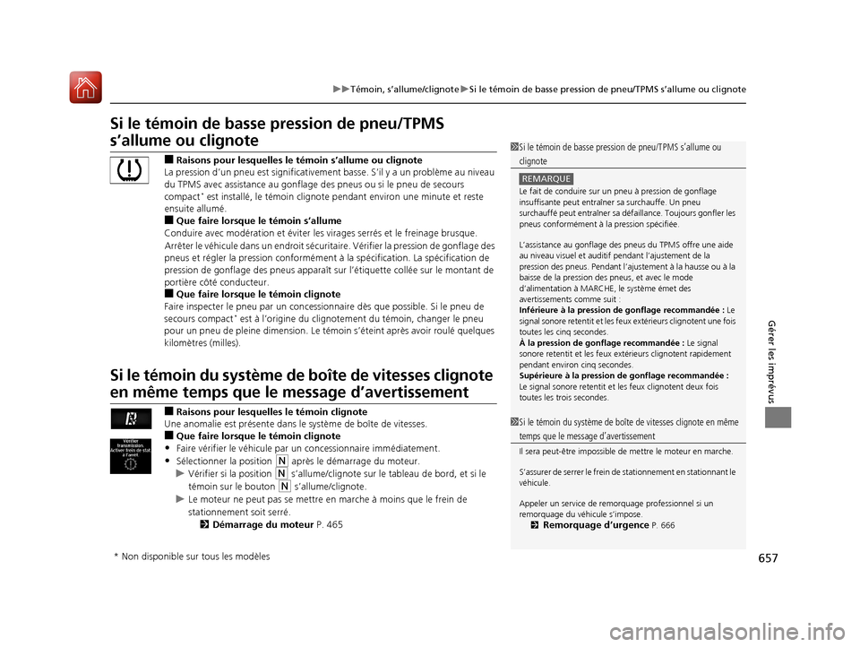 Acura MDX 2018  Manuel du propriétaire (in French) 657
uuTémoin, s’allume/clignote uSi le témoin de basse pression de pneu/TPMS s’allume ou clignote
Gérer les imprévus
Si le témoin de basse  pression de pneu/TPMS 
s’allume ou clignote
■Ra