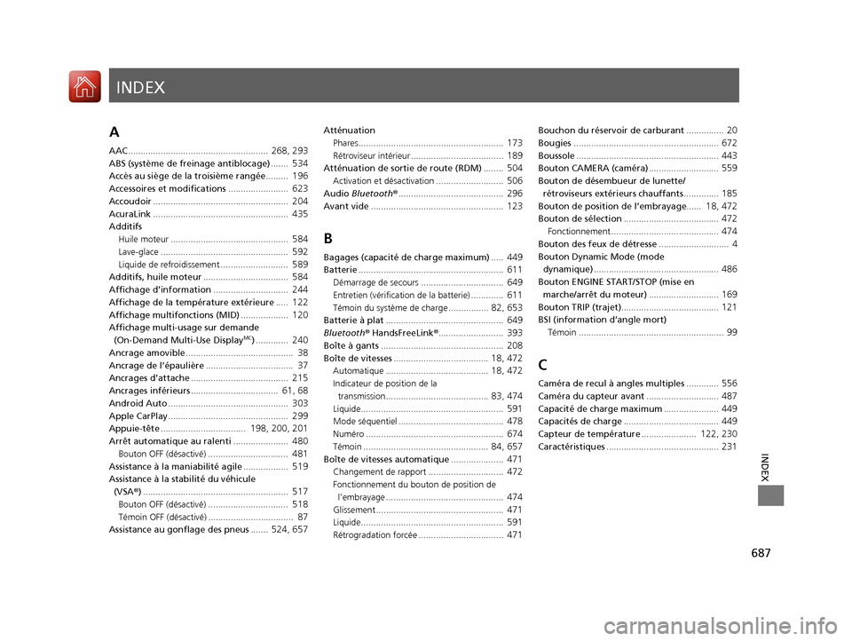 Acura MDX 2018  Manuel du propriétaire (in French) INDEX
687
INDEX
INDEX
A
AAC........................................................ 268, 293
ABS (système de freinage antiblocage) .......  534
Accès au siège de la troisième rangée.........  196