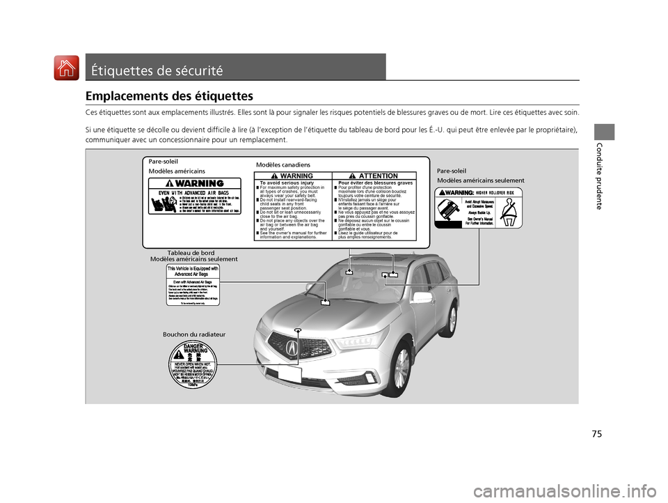 Acura MDX 2018  Manuel du propriétaire (in French) 75
Conduite prudente
Étiquettes de sécurité
Emplacements des étiquettes
Ces étiquettes sont aux emplacements illustrés. Elles sont là pour signaler les risques potentiels de bl essures graves o