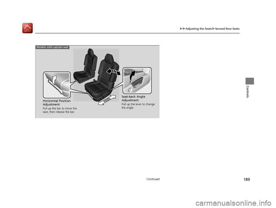 Acura MDX 2017  Owners Manual 189
uuAdjusting the Seats uSecond Row Seats
Continued
Controls
Models with captain seat
Seat-back Angle 
Adjustment
Pull up the lever to change 
the angle.Horizontal Position 
Adjustment
Pull up the b