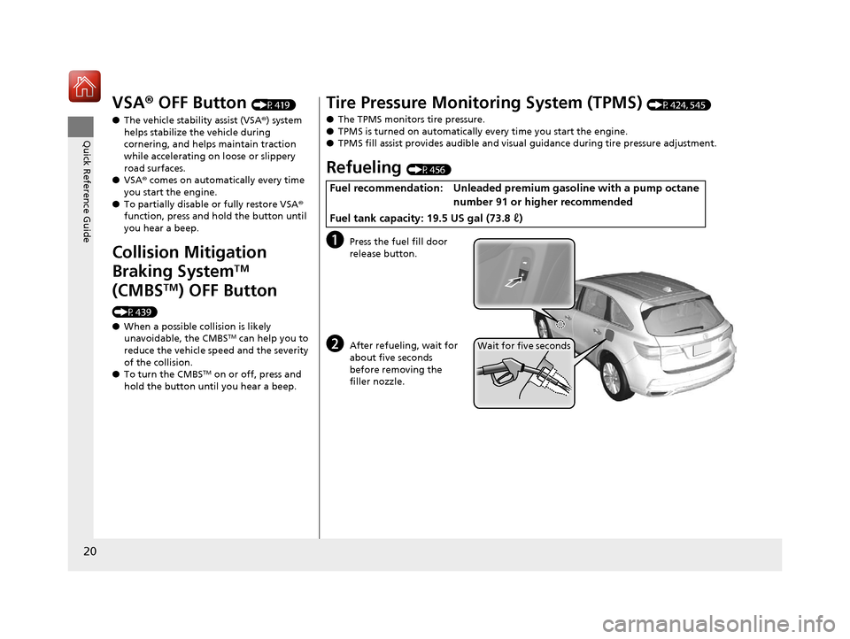 Acura MDX 2017  Owners Manual 20
Quick Reference Guide
VSA® OFF Button (P419)
● The vehicle stability assist (VSA® ) system 
helps stabilize the vehicle during 
cornering, and helps maintain traction 
while accelerating on loo