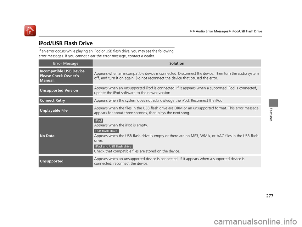 Acura MDX 2017  Owners Manual 277
uuAudio Error Messages uiPod/USB Flash Drive
Features
iPod/USB Flash Drive
If an error occurs while playing an iPod or  USB flash drive, you may see the following 
error messages. If you cannot cl