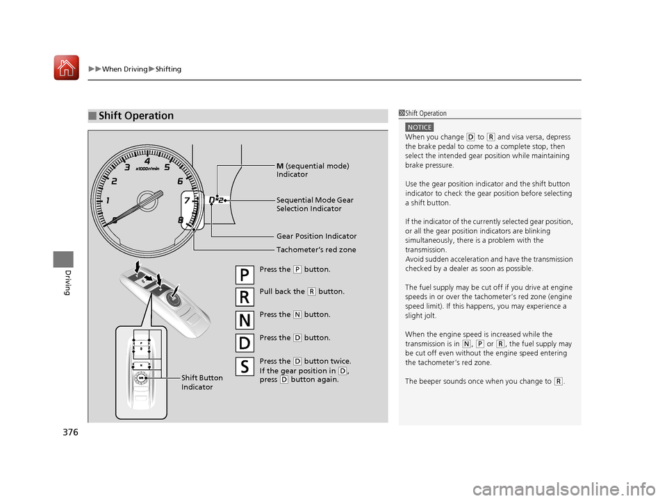 Acura MDX 2017  Owners Manual uuWhen Driving uShifting
376
Driving
■Shift Operation1Shift Operation
NOTICE
When you change (D to (R and visa versa, depress 
the brake pedal to come to a complete stop, then 
select the intended g