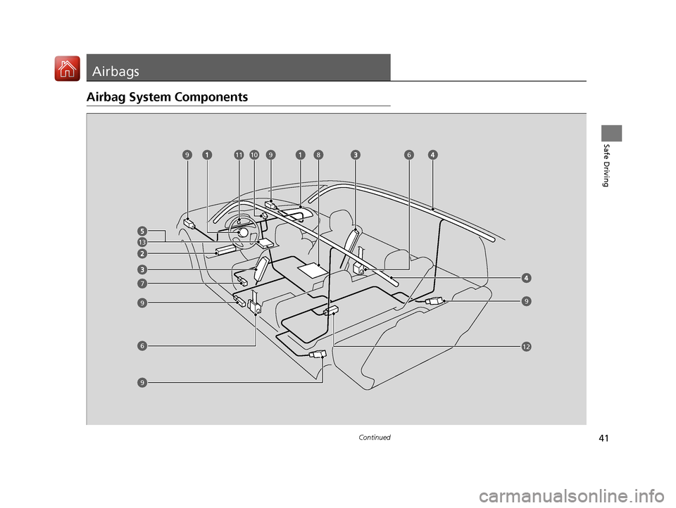 Acura MDX 2017 Service Manual 41Continued
Safe Driving
Airbags
Airbag System Components
13
6
7
810119
99
9
612
9
17 ACURA MDX-31TZ56300.book  41 ページ  ２０１６年５月１３日　金曜日　午後７時４６分 