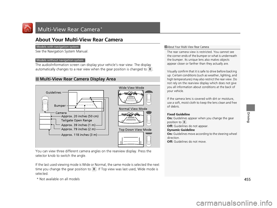 Acura MDX 2017 User Guide 455
Driving
Multi-View Rear Camera*
About Your Multi-View Rear Camera
See the Navigation System Manual.
The audio/information screen can display your vehicle’s rear view. The display
automatically Acura MDX 2017 User Guide 455
Driving
Multi-View Rear Camera*
About Your Multi-View Rear Camera
See the Navigation System Manual.
The audio/information screen can display your vehicle’s rear view. The display
automatically