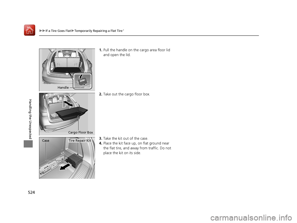 Acura MDX 2017  Owners Manual 524
uuIf a Tire Goes Flat uTemporarily Repairing a Flat Tire*
Handling the Unexpected
1. Pull the handle on the cargo area floor lid 
and open the lid.
2. Take out the cargo floor box.
3. Take the kit