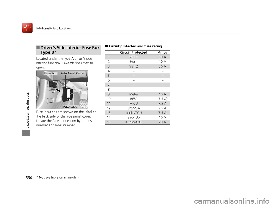 Acura MDX 2017  Owners Manual 550
uuFuses uFuse Locations
Handling the Unexpected
Located under the type A driver’s side 
interior fuse box. Take off the cover to 
open.
Fuse locations are shown on the label on 
the back side of