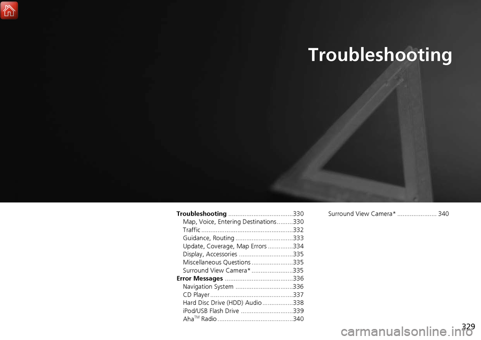 Acura MDX 2017 Navigation Manual 329
Troubleshooting
Troubleshooting....................................330
Map, Voice, Entering Destinations .........330
Traffic ...................................................332
Guidance, Routi Acura MDX 2017 Navigation Manual 329
Troubleshooting
Troubleshooting....................................330
Map, Voice, Entering Destinations .........330
Traffic ...................................................332
Guidance, Routi