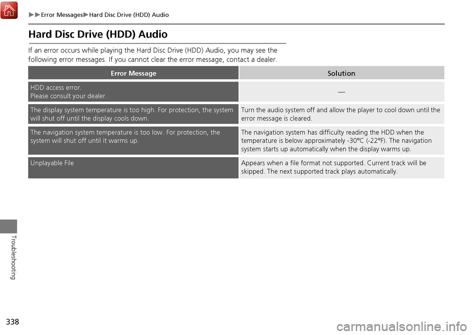 Acura MDX 2017 Navigation Manual 338
Error MessagesHard Disc Drive (HDD) Audio
Troubleshooting
Hard Disc Drive (HDD) Audio
If an error occurs while playing the Hard Disc Drive (HDD) Audio, you may see the
following error me Acura MDX 2017 Navigation Manual 338
Error MessagesHard Disc Drive (HDD) Audio
Troubleshooting
Hard Disc Drive (HDD) Audio
If an error occurs while playing the Hard Disc Drive (HDD) Audio, you may see the
following error me
