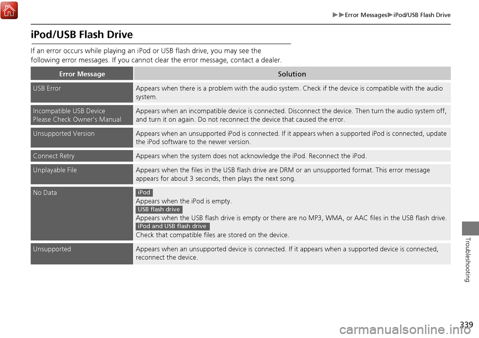 Acura MDX 2017 Navigation Manual 339
Error MessagesiPod/USB Flash Drive
Troubleshooting
iPod/USB Flash Drive
If an error occurs while playing an iPod or USB flash drive, you may see the
following error messages. If you cann Acura MDX 2017 Navigation Manual 339
Error MessagesiPod/USB Flash Drive
Troubleshooting
iPod/USB Flash Drive
If an error occurs while playing an iPod or USB flash drive, you may see the
following error messages. If you cann