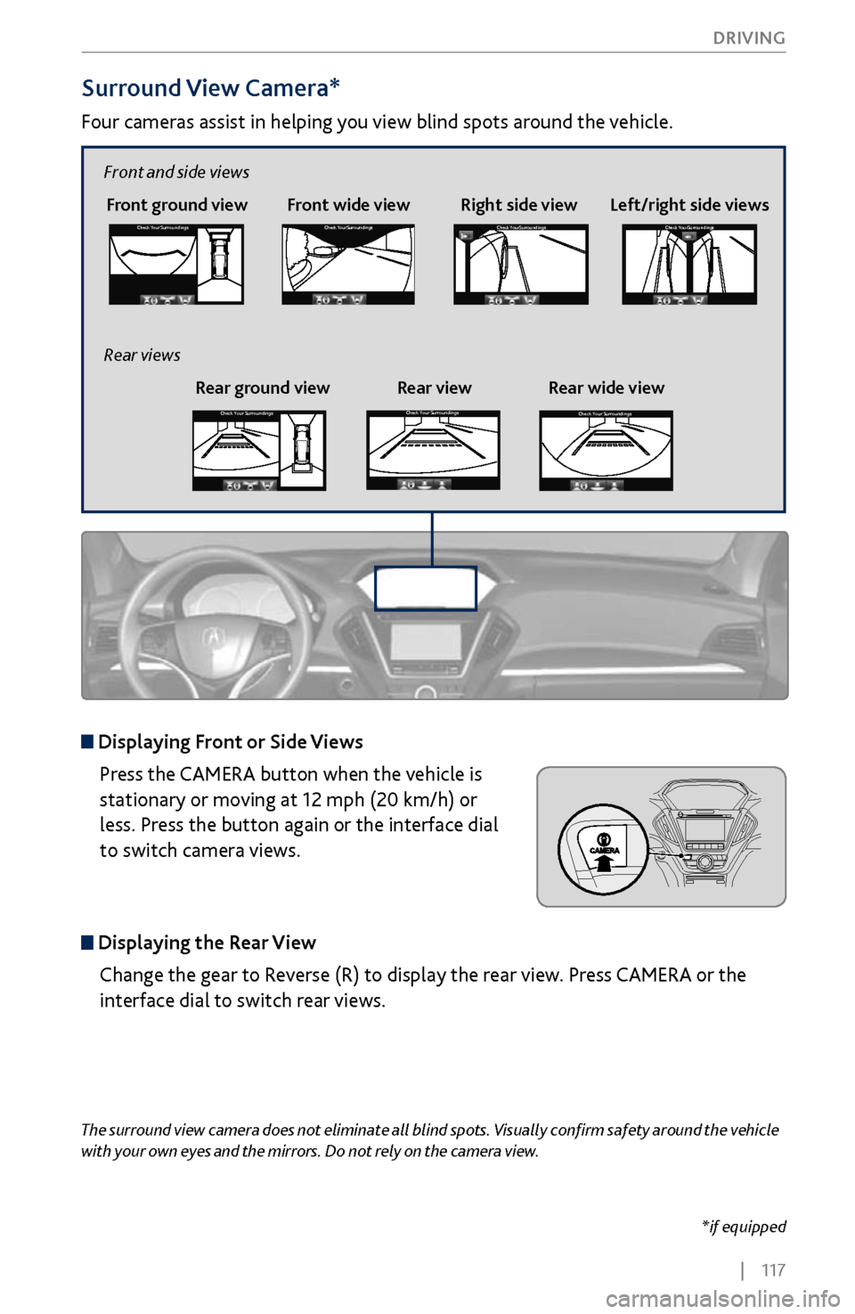 Acura MDX 2017 Service Manual | 117
DRIVING
Surround View Camera*
Four cameras assist in helping you view blind spots around the vehicle.
*if equipped
The surround view camera does not eliminate all blind spots. Visually Acura MDX 2017 Service Manual | 117
DRIVING
Surround View Camera*
Four cameras assist in helping you view blind spots around the vehicle.
*if equipped
The surround view camera does not eliminate all blind spots. Visually