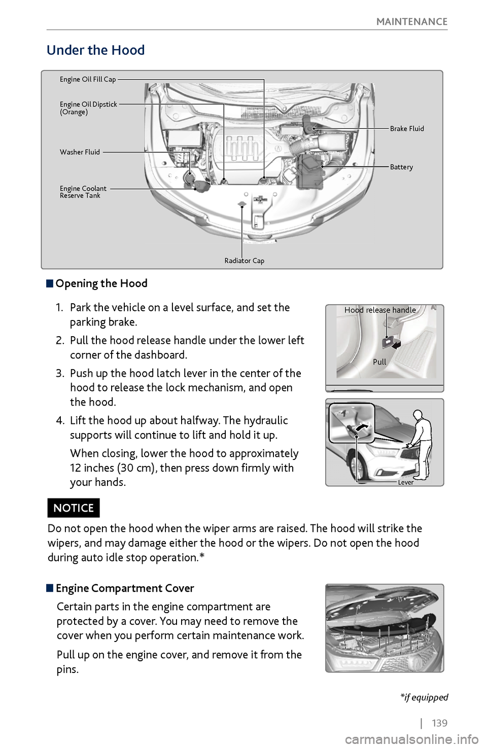 Acura MDX 2017  Owners Guide |    139
       MAINTENANCE
Under the Hood
Brake Fluid
 
Washer Fluid
Radiator Cap
Engine Coolant 
Reserve Tan
k Batter
y
Engine Oil Dipstick 
(Orange) Engine Oil Fill Ca
p
 Opening the  Hood
1.
 Park