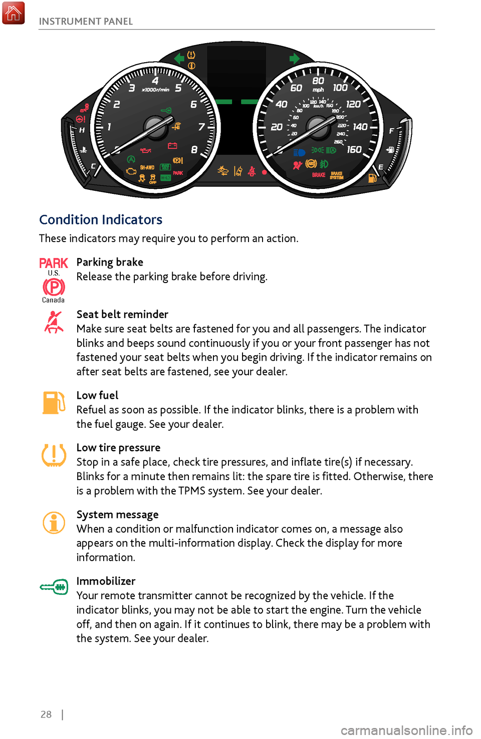 Acura MDX 2017  Owners Guide 28    |
I
NSTRUMENT PANEL
Condition Indicators
These indicators may require you to perform an action.
Parking brake
Release the parking brake before driving. 
Seat belt reminder
Make sure seat belts a