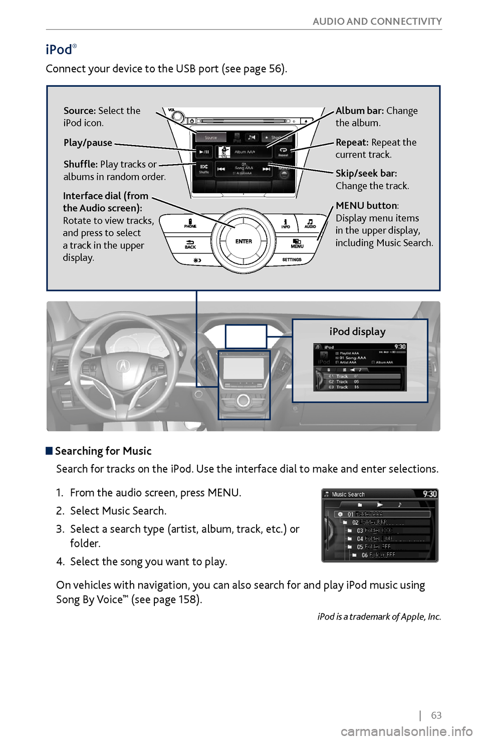 Acura MDX 2017 User Guide |    63
       AUDIO AND CONNECTIVITY
iPod® 
Connect your device to the USB port (see page 56).
iPod display
 Searching for Music
Search for tracks on the iPod. Use the interface dial to make and ent