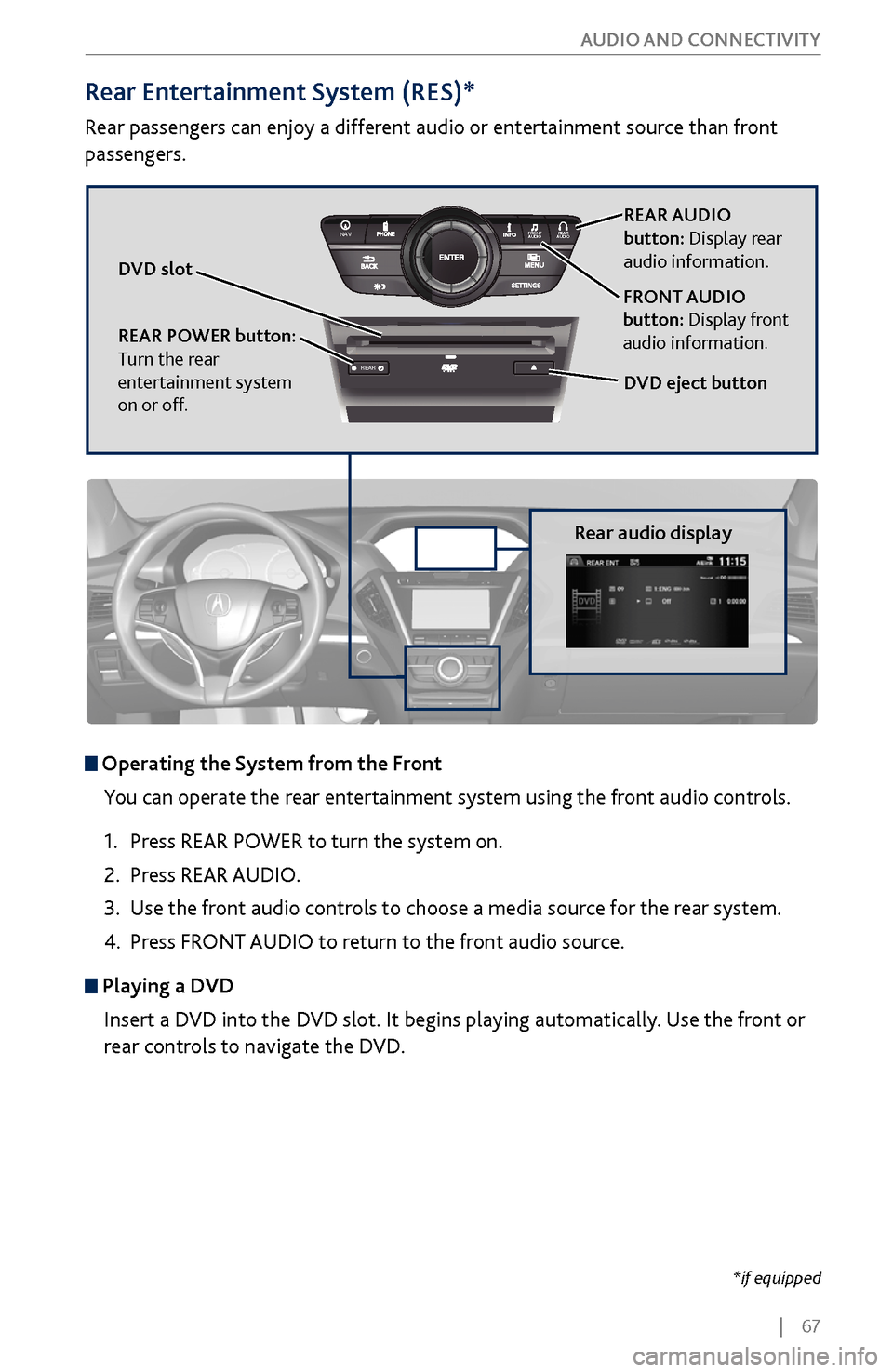 Acura MDX 2017 Manual PDF | 67
AUDIO AND CONNECTIVITY
REAR
REAR
AUDIO
FRONT
AUDI O
NAVFFFFAAAAAAAAAREARAUDIOFAAFRONTAUDI
OAA
REAR
NAVNAVFRONT
AUDIOREAR
AU DIO
Operating the System from the Front
You can operate the Acura MDX 2017 Manual PDF | 67
AUDIO AND CONNECTIVITY
REAR
REAR
AUDIO
FRONT
AUDI O
NAVFFFFAAAAAAAAAREARAUDIOFAAFRONTAUDI
OAA
REAR
NAVNAVFRONT
AUDIOREAR
AU DIO
Operating the System from the Front
You can operate the
