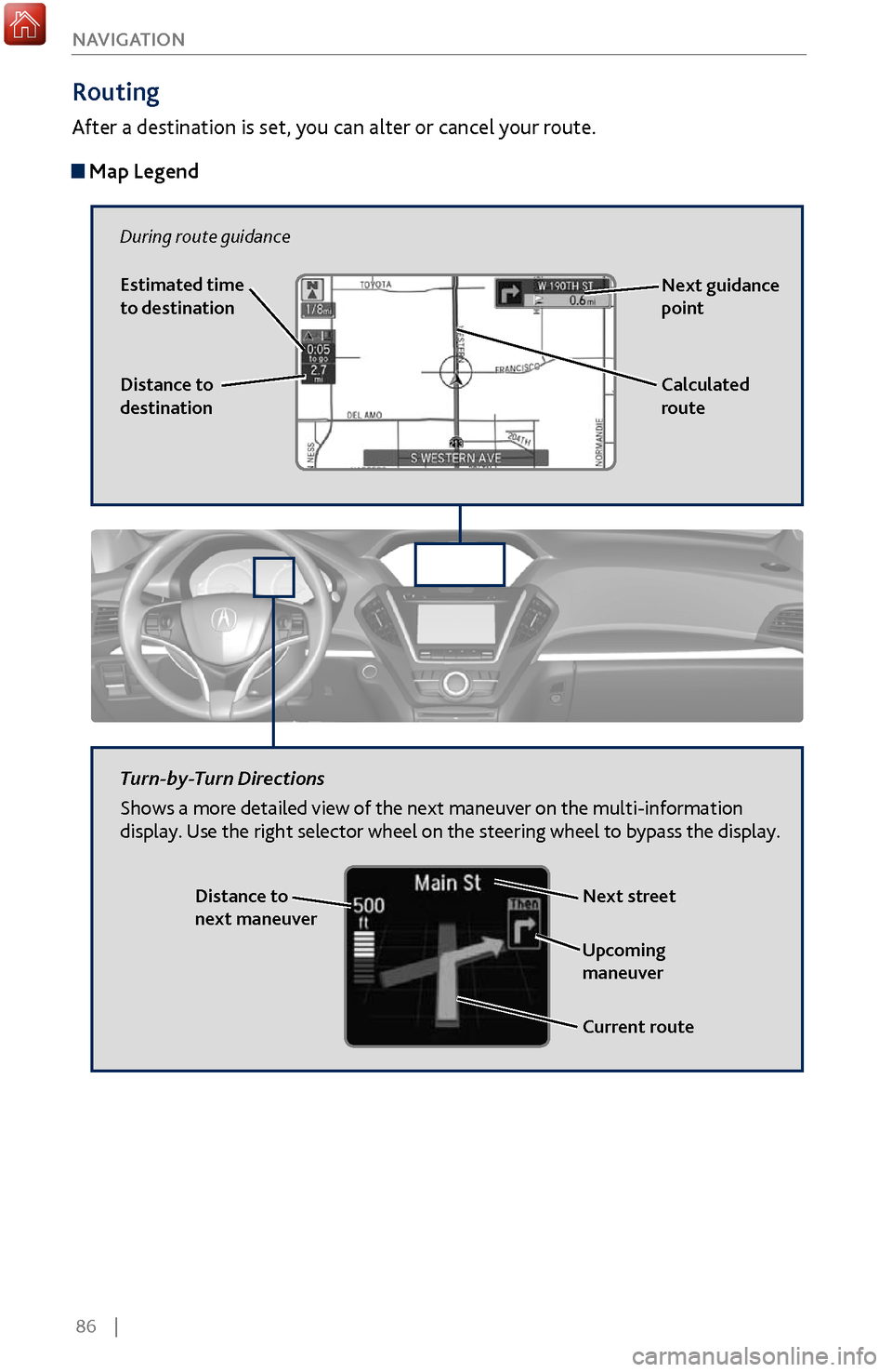 Acura MDX 2017 Owners Manual 86 |
NAVIGATION
Routing
After a destination is set, you can alter or cancel your route.
Map Legend
During route guidance
Next guidance
point
Distance to
destination Calculated
route
Estimated t Acura MDX 2017 Owners Manual 86 |
NAVIGATION
Routing
After a destination is set, you can alter or cancel your route.
Map Legend
During route guidance
Next guidance
point
Distance to
destination Calculated
route
Estimated t