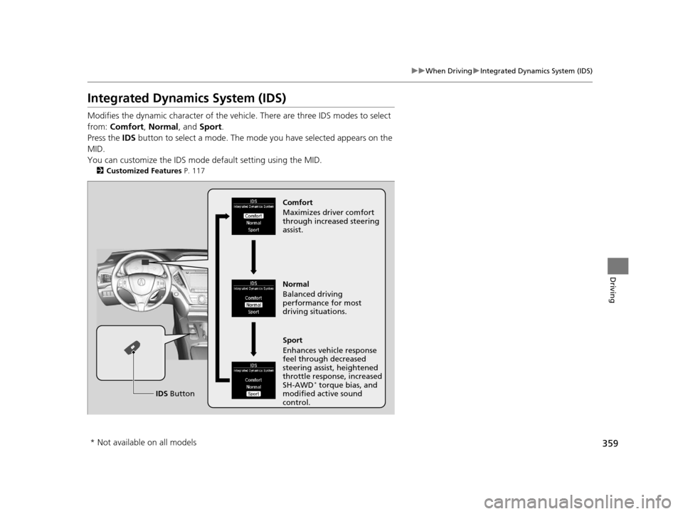 Acura MDX 2016  Owners Manual 359
uuWhen Driving uIntegrated Dynamics System (IDS)
Driving
Integrated Dynamics System (IDS)
Modifies the dynamic character of the vehi cle. There are three IDS modes to select 
from:  Comfort, Norma