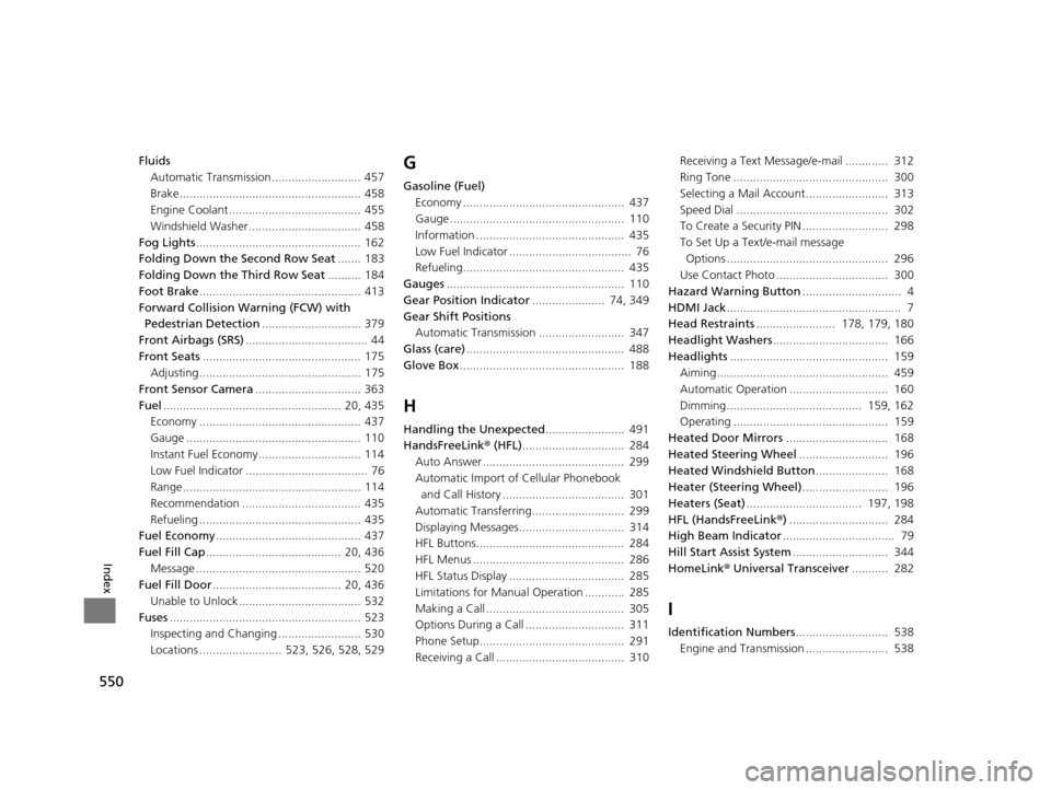 Acura MDX 2016  Owners Manual 550
Index
FluidsAutomatic Transmission ........................... 457
Brake ....................................................... 458
Engine Coolant ........................................ 455
Win