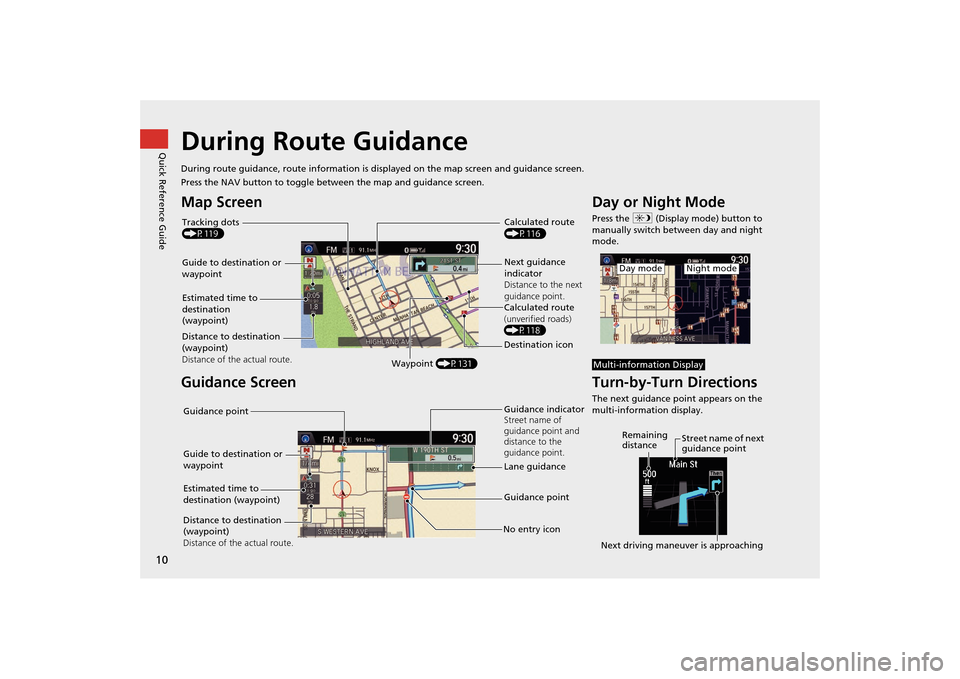 Acura MDX 2016  Navigation Manual 10Quick Reference Guide
During Route GuidanceDuring route guidance, route information is displayed on the map screen and guidance screen.
Press the NAV button to toggle between the map and guidance sc