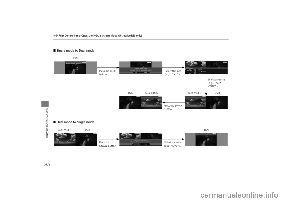 Acura MDX 2016  Navigation Manual 280
�X�X
Rear Control Panel Operation
�XDual Screen Mode (Ultrawide RES only)
Rear Entertainment System
■Single mode to Dual mode
■ Dual mode to Single mode
DVD
Press the DUAL 
button. Select the 