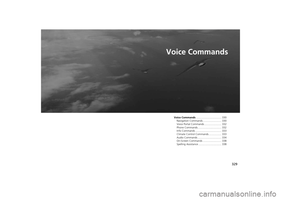 Acura MDX 2016  Navigation Manual 329
Voice Commands
Voice Commands.................................. 330
Navigation Commands ......................... 330
Voice Portal Commands ....................... 332
Phone Commands..............