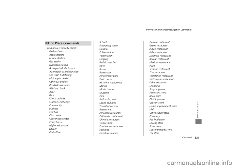 Acura MDX 2016  Navigation Manual 331
�X�X
Voice Commands
�XNavigation Commands
Voice Commands
Find nearest (specify place):
Fuel and auto
Acura dealers
Honda dealers
Gas station
Hydrogen station
Auto parts & electronics
Auto repair &
