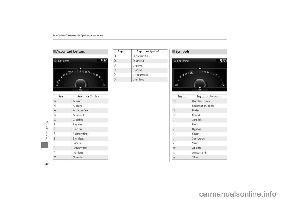 Acura MDX 2016  Navigation Manual 340
�X�X
Voice Commands
�XSpelling Assistance
Voice Commands
■Accented Letters
Say … Say … or  Symbol …
Á
A acute
ÀA  gra ve
Â
A circumflex
Ä A umlaut
Ç
C cedilla
ÈE grave
É
E acute
Ê 