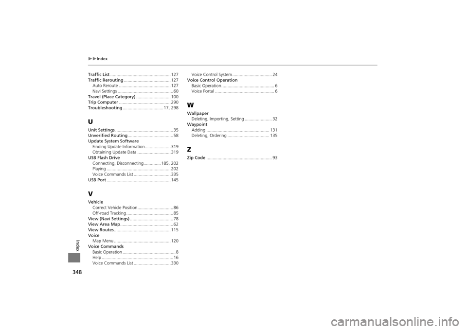 Acura MDX 2016  Navigation Manual 348
�X�X
Index
Index
Traffic List................................................. 127
Traffic Rerouting ...................................... 127
Auto Reroute .......................................