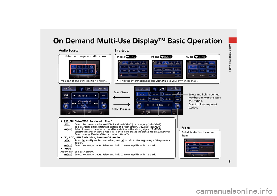 Acura MDX 2016  Navigation Manual 5Quick Reference Guide
On Demand Multi-Use Display™ Basic Operation
Places (P46)
Select to change an audio source. Shortcuts
Audio Source
Select to display the menu 
items.  Select and hold a desire