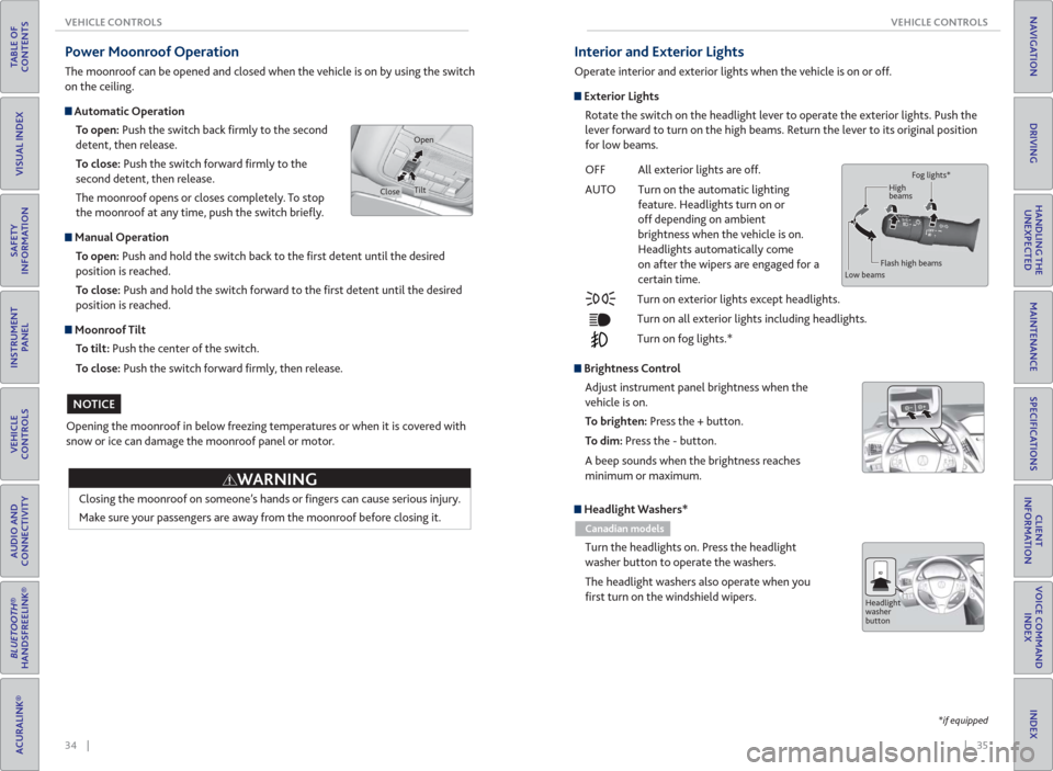 Acura MDX 2016 Owners Manual 34    ||    35        VEHICLE CONTROLS VEHICLE CONTROLS
TABLE OF 
CONTENTS
INDEX
VISUAL INDEX
VOICE COMMAND 
INDEX
SAFETY 
INFORMATION
CLIENT 
INFORMATION
INSTRUMENT 
PANEL
SPECIFICATIONS
VEHICLE
CONT