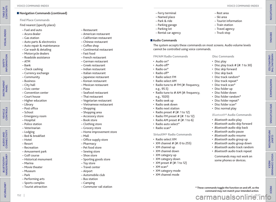Acura MDX 2016  Owners Guide 152    ||    153        VOICE COMMAND INDEX VOICE COMMAND INDEX
TABLE OF 
CONTENTS
INDEX
VISUAL INDEX
VOICE COMMAND 
INDEX
SAFETY 
INFORMATION
CLIENT 
INFORMATION
INSTRUMENT 
PANEL
SPECIFICATIONS
VEHI